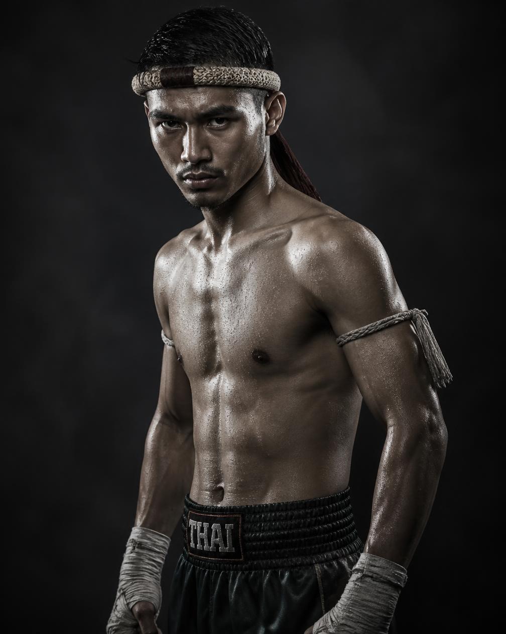 Muay Thai fighter wearing a traditional mongkon
